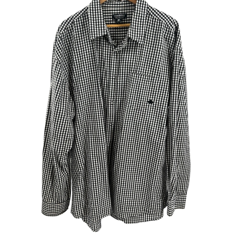 Crown Basics Men's 2XL Gingham Long Sleeve Button Up Shirt Black White Cotton
